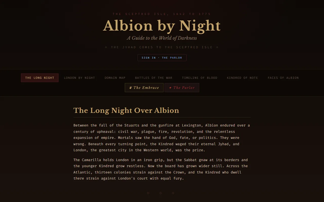Albion by Night homepage — dark gothic chronicle site with The Parlor virtual tabletop