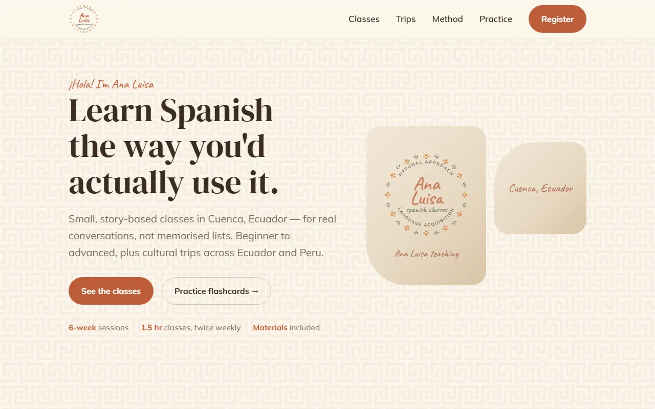 Ana Luisa Spanish Classes homepage — warm cream and terracotta design with hand-drawn logo