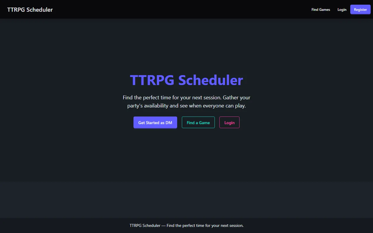 TM Time — TTRPG Scheduler homepage with availability-based session finding